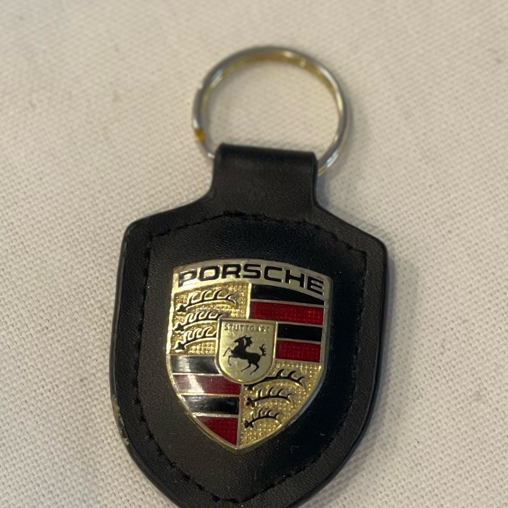 Porsche Black Leather Keychain with Enamel Crest